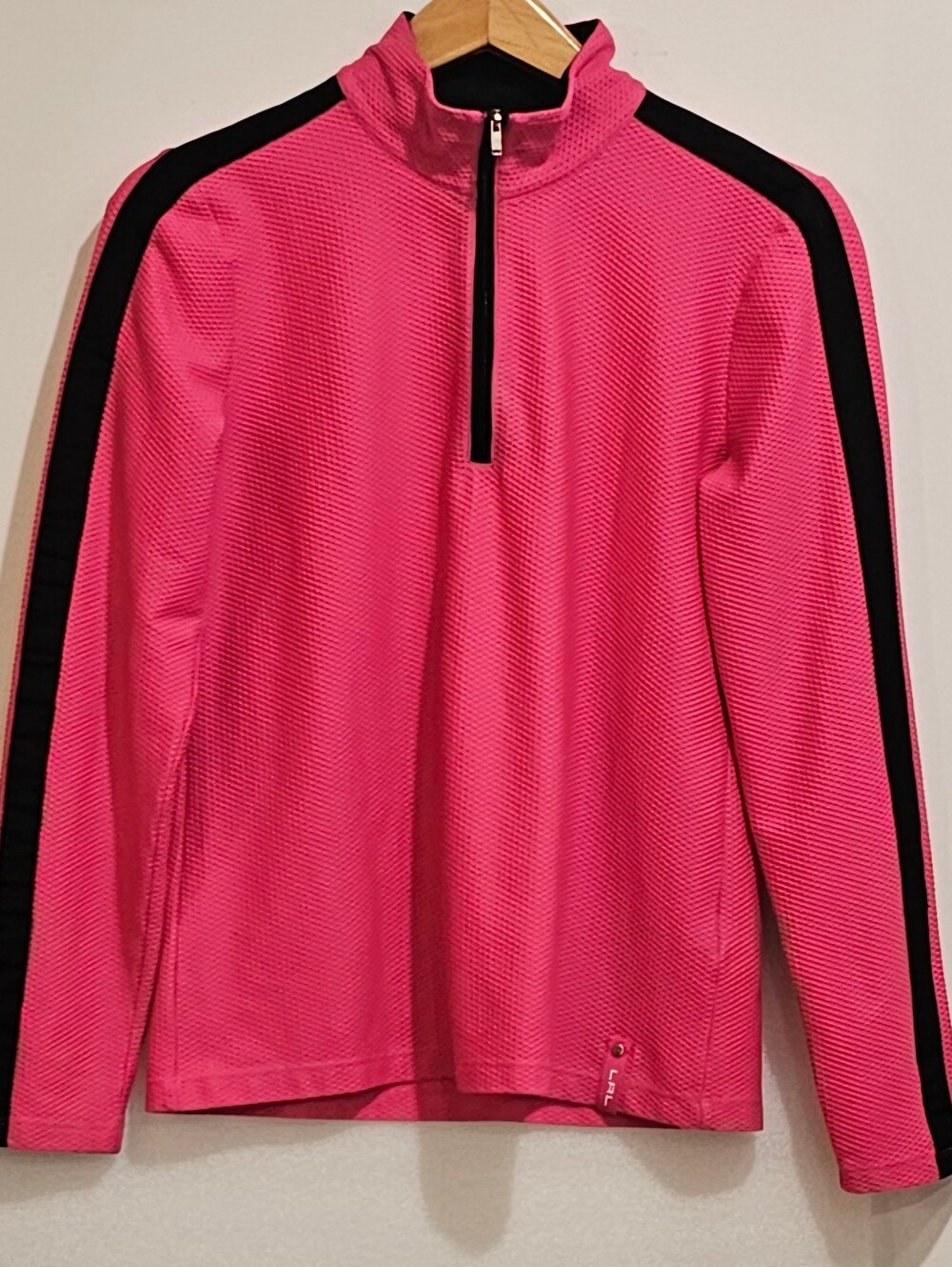 Ladies Lauren Ralph Lauren Pink Quarter Zip Pullover Black Stripe Waffle Knit Lg
